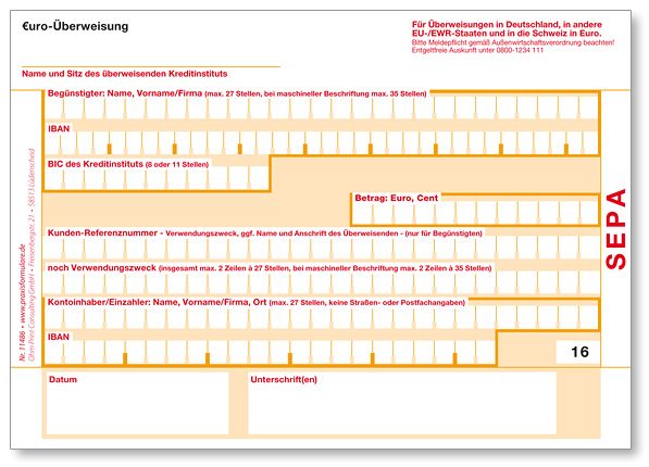 Sepa überweisungsformular Online Ausfüllen Und Ausdrucken Kostenlos SEPA-Überweisungsvordrucke Art. 11486